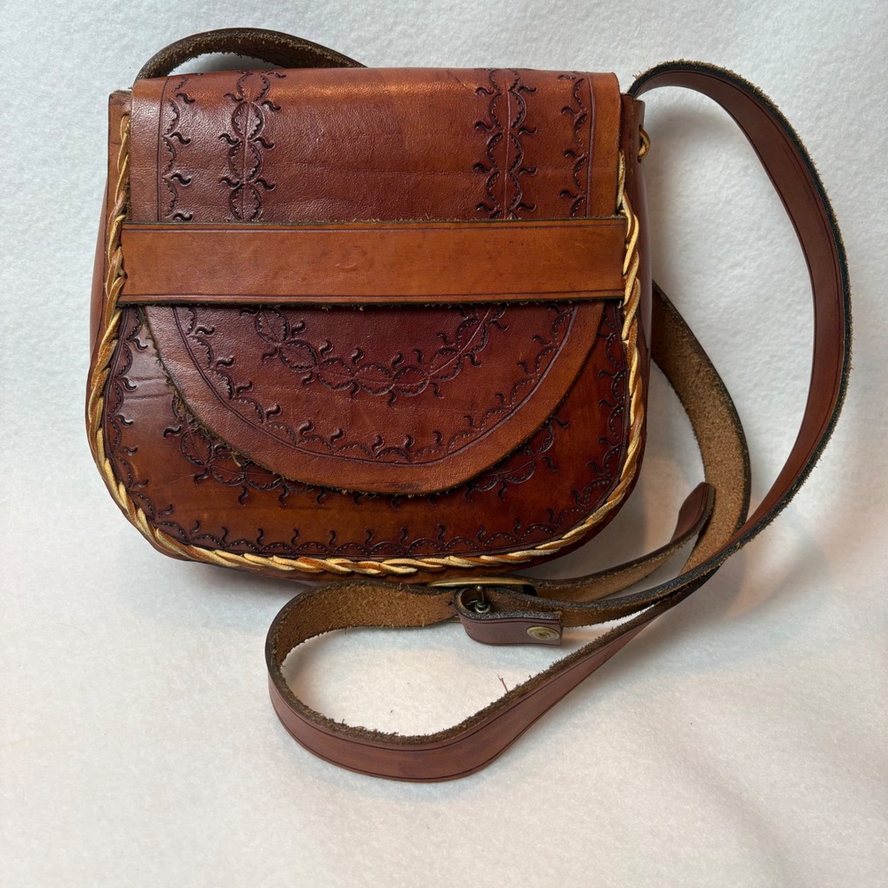 Vintage Hand Tooled Leather Saddle Bag Crossbody Boho Western Purse Bag